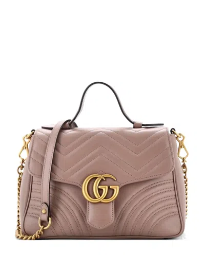 Pre-owned Gucci Gg Marmont Top Handle Flap Bag Matelasse Leather Small Satchel In Neutral
