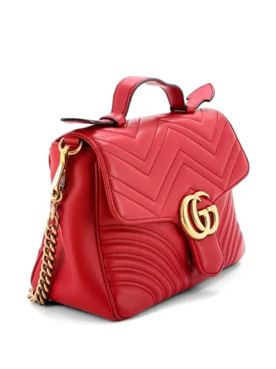 Pre-owned Gucci Gg Marmont Top Handle Flap Bag Matelasse Leather Small Satchel In Red