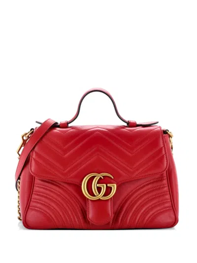 Pre-owned Gucci Gg Marmont Top Handle Flap Bag Matelasse Leather Small Satchel In Red