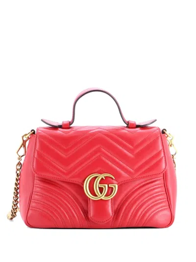 Pre-owned Gucci Gg Marmont Top Handle Flap Bag Matelasse Leather Small Satchel In Red