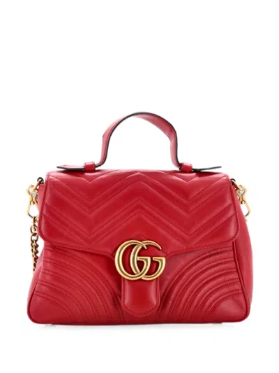 Pre-owned Gucci Gg Marmont Top Handle Flap Bag Matelasse Leather Small Satchel In Red