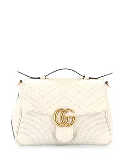 Pre-owned Gucci Gg Marmont Top Handle Flap Bag Matelasse Leather Small Satchel In White