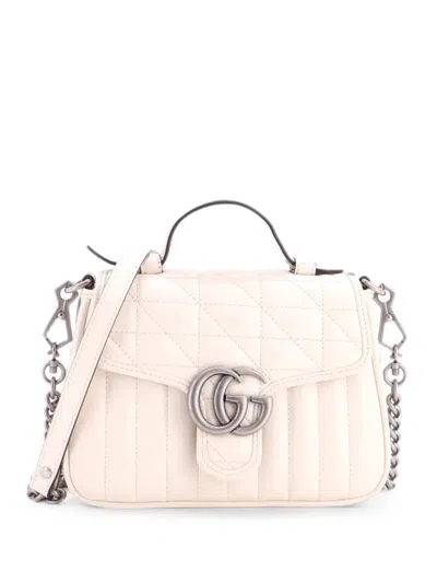 Pre-owned Gucci Gg Marmont Top Handle Flap Bag Mixed Matelasse Leather Mini Satchel In Neutral