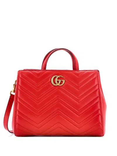 Pre-owned Gucci Gg Marmont Tote Matelasse Leather Small Satchel In Red