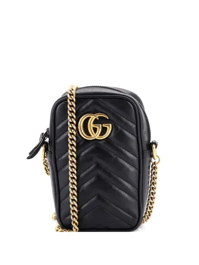 Pre-owned Gucci Gg Marmont Vertical Phone Matelasse Leather Mini Crossbody Bag In Black