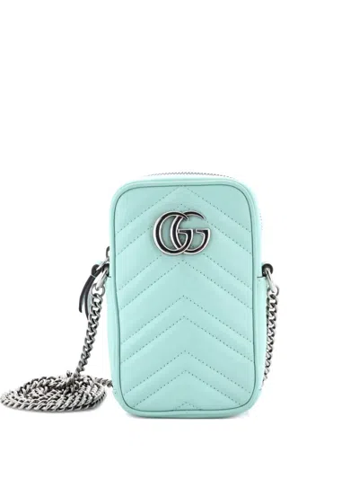 Pre-owned Gucci Gg Marmont Vertical Phone Matelasse Leather Mini Crossbody Bag In Blue