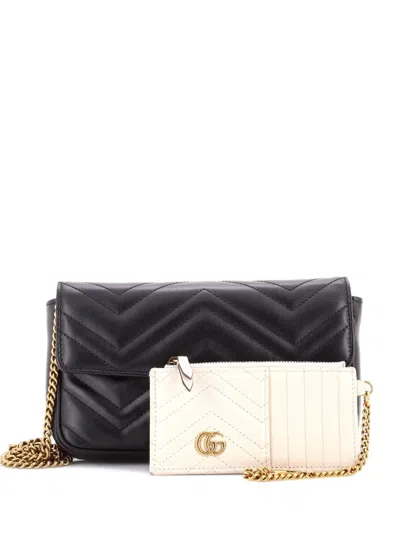 Pre-owned Gucci Gg Marmont Wallet On Chain Matelasse Leather Mini Crossbody Bag In Black