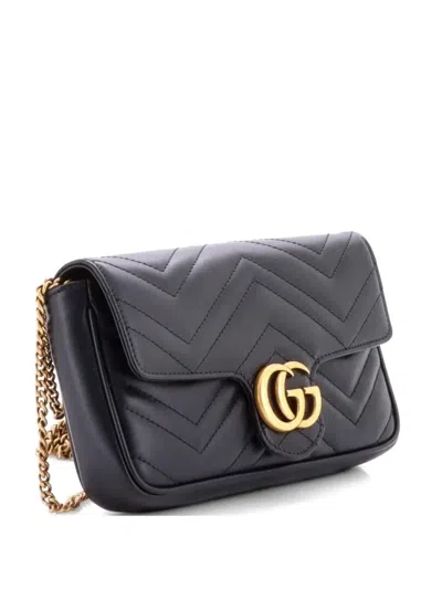 Pre-owned Gucci Gg Marmont Wallet On Chain Matelasse Leather Mini Crossbody Bag In Black
