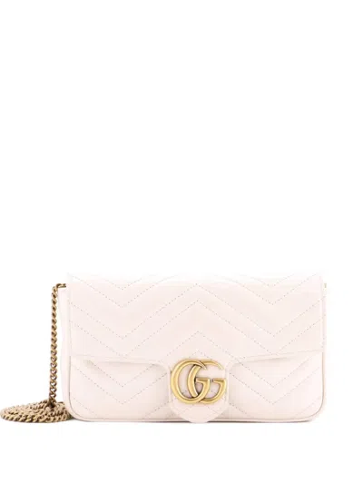 Pre-owned Gucci Gg Marmont Wallet On Chain Matelasse Leather Mini Crossbody Bag In White