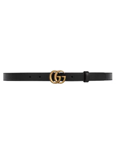 Pre-owned Gucci Gg Marmont Womens Thin Belt With Brass Color Buckle In Black