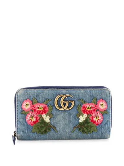 Pre-owned Gucci Gg Marmont Zip Around Wallet Embroidered Matelasse Denim Small Wallets In Blue
