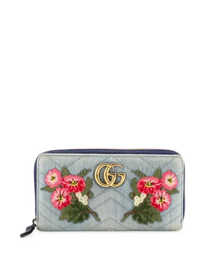 Pre-owned Gucci Gg Marmont Zip Around Wallet Embroidered Matelasse Denim Small Wallets In Blue