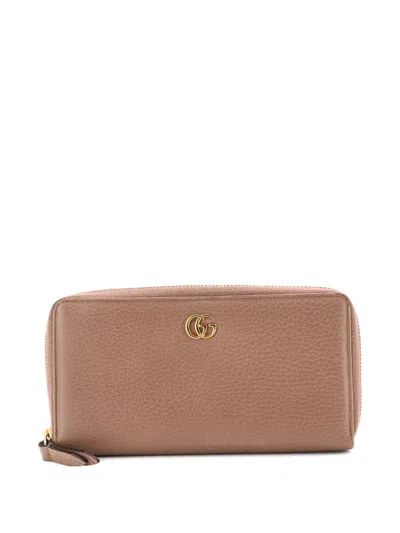 Pre-owned Gucci Gg Marmont Zip Around Wallet Leather Small Wallets In Neutral