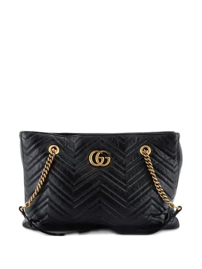 Pre-owned Gucci Gg Marmont Zip Tote Matelasse Leather Medium Shoulder Bag In Black