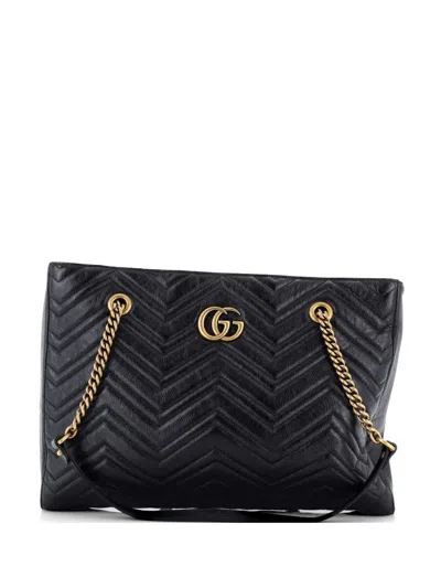 Pre-owned Gucci Gg Marmont Zip Tote Matelasse Leather Medium Shoulder Bag In Black