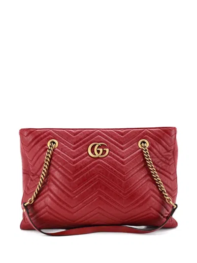 Pre-owned Gucci Gg Marmont Zip Tote Matelasse Leather Medium Shoulder Bag In Red