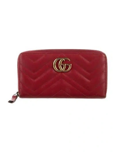 Pre-owned Gucci Gg Marmont Zip Wallet Double G Logo Continental Wallet In Red