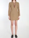 Gucci Beige Crewneck Mini Dress With Horsebit On The Front In Gg Canvas Woman In Beige