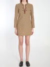 Gucci Beige Crewneck Mini Dress With Horsebit On The Front In Gg Canvas Woman In Beige