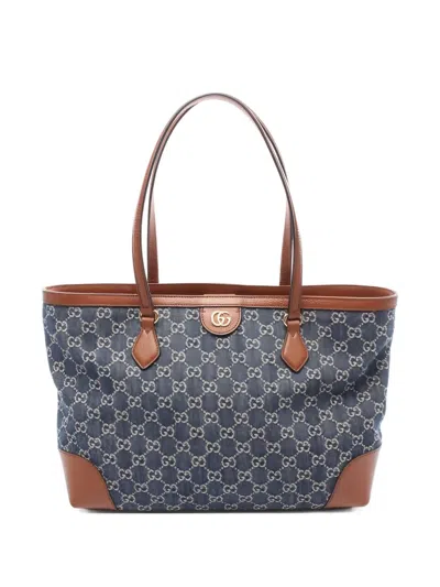Pre-owned Gucci Gg-monogram Denim Tote Bag In Blue