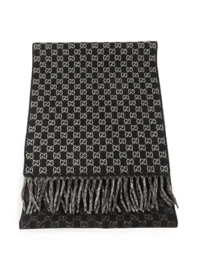 Pre-owned Gucci Gg Monogram Fringe Scarf In Black