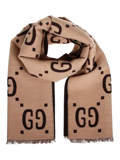 Gucci Gg-monogram Fringed Scarf In Brown