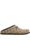 Gucci Gg Monogram Horsebit Flat Mules In Brown