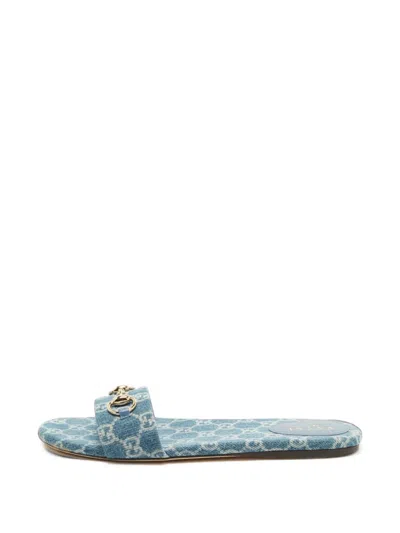 Pre-owned Gucci Gg Monogram Horsebit Slides In Blue