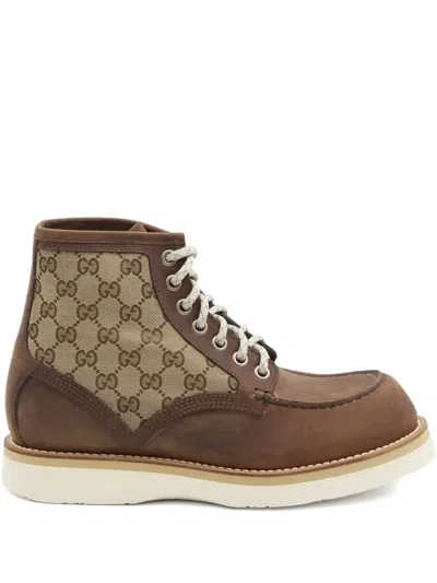 Gucci Men Multicolor Gg Fabric And Leather Ankle Boots In Brown