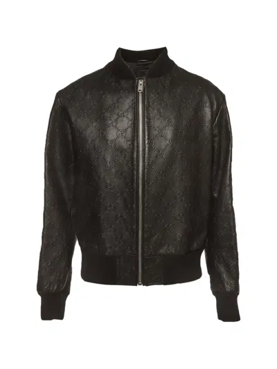 Pre-owned Gucci Gg Monogram Leather Bomber Jacket In Black