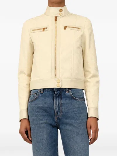 Pre-owned Gucci Gg Monogram Leather-trim Jacket In Neutrals