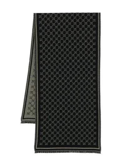 Gucci Gg Monogram Pattern Wool Scarf In Black