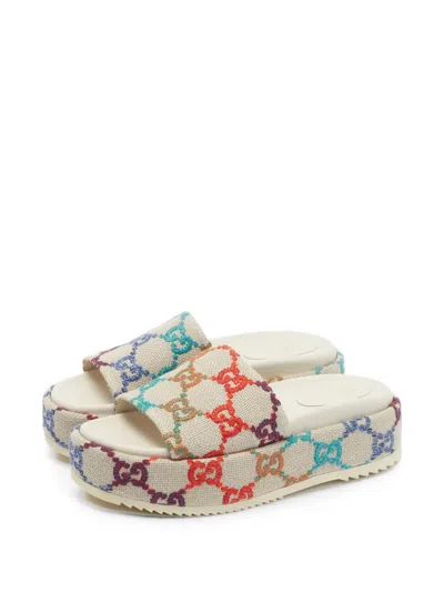 Pre-owned Gucci Gg Monogram Platform Slide Sandals In Neutrals
