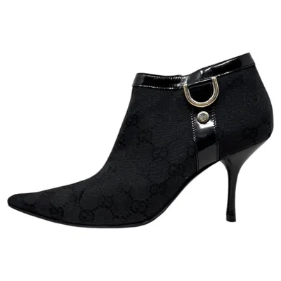 Pre-owned Gucci Gg Monogram Pointed Toe Ankle Boots Heels Black Gold 6b Vintage