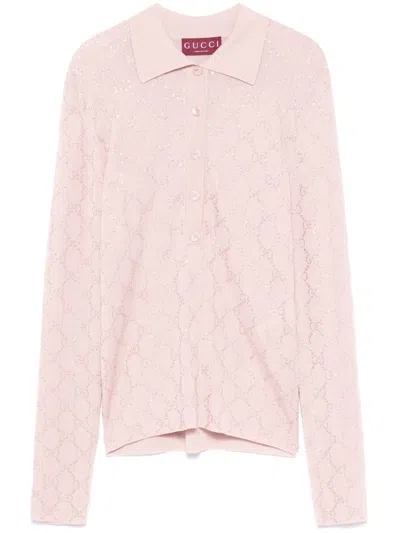 Gucci "gg Crystal" Knit Polo Shirt In Nude & Neutrals