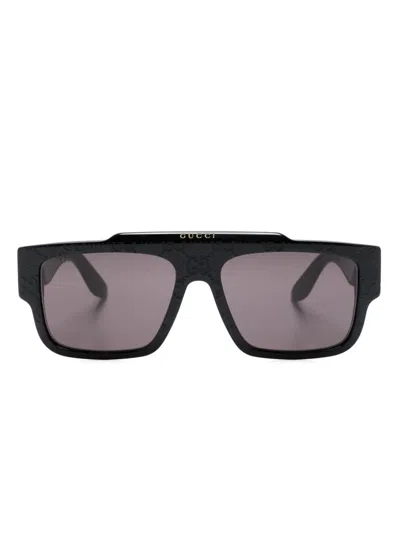 Gucci Gg-monogram Rectangle-frame Sunglasses In 灰色