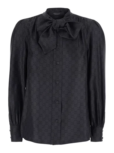 Gucci Gg Monogram Silk Blouse In Black