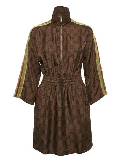 Pre-owned Gucci Gg Monogram Silk Dress In Brown