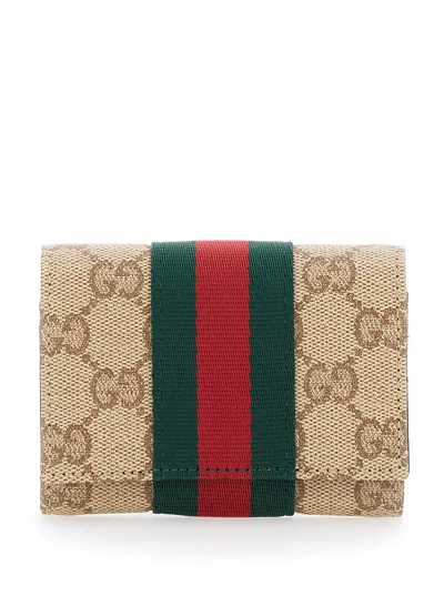 Gucci Gg Monogram Web Stripe Card Case In Beige