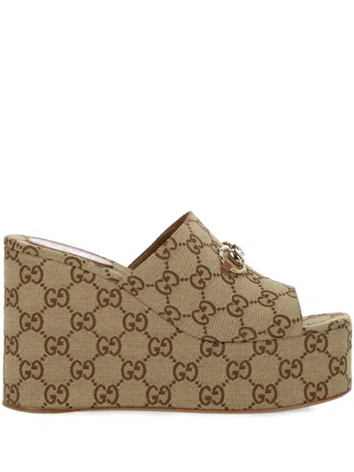Gucci Gg Monogram Wedge Sandals With Clamp In Brown