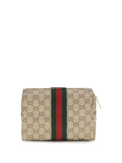 Gucci Gg Monogram With Web Stripe Beauty Case In Beige