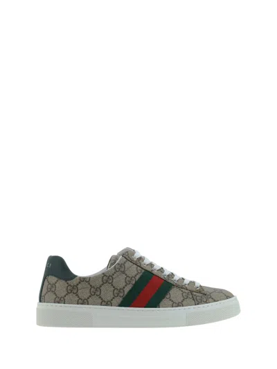 Gucci Gg Monogram With Web Stripe Sneaker In Bei-ebony/vrv/green