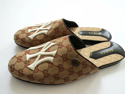 Pre-owned Gucci Gg Monogram York Yankees Slides Slipper Shoes 8 Us 41 Eu 7 Uk In Beige