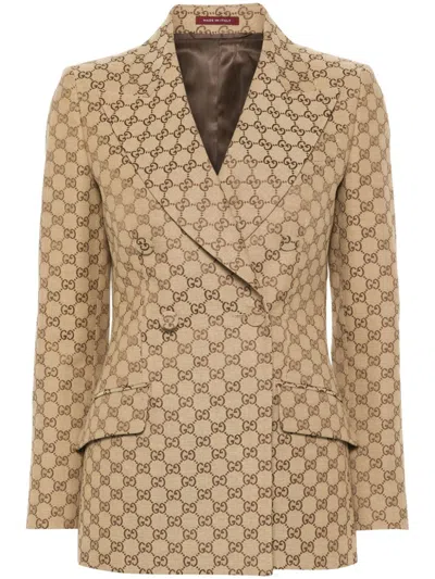 Gucci Gg Motif Double-breasted Blazer Jacket In Brown