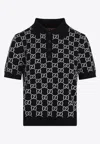 Gucci Black Polo Shirt With Ribbed Trims In Gg Canvas Woman In Black