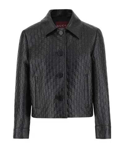Gucci Gg Motif Leather Jacket In Black