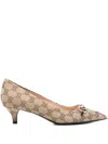 Gucci Women Beige And Dark Brown Gg Canvas Pumps With Horsebit In Brown