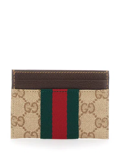 Gucci Gg Motif Web Stripe Card Case In Beige
