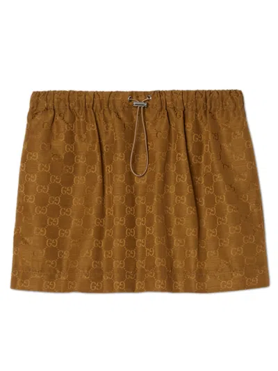 Gucci Gg Nylon Lined Skirt With Elastic Waist And Drawstring In Brown
