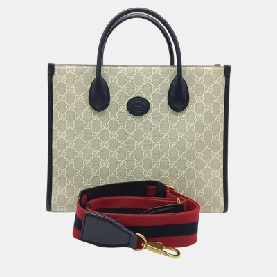 Pre-owned Gucci Beige And Navy Tone Gg Ophidia Korea Exclusive Small Tote Bag (703256)